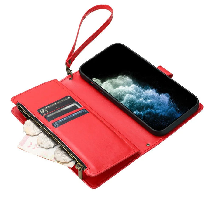 For iPhone 17e / 16e Leather Case Zipper Wallet Stand Shockproof Phone Cover with Wrist Strap - Red - 5