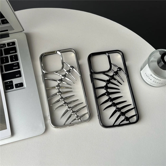 For iPhone 16 Pro Max Case Electroplated TPU Phone Shell Hollow Heat Dissipation Fish Bone Design - Black - 4