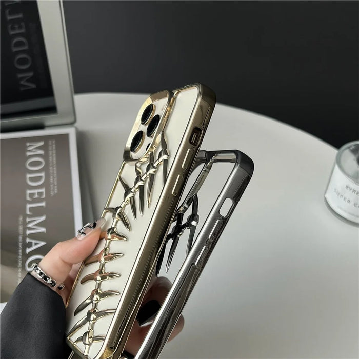 For iPhone 16 Pro Max Case Electroplated TPU Phone Shell Hollow Heat Dissipation Fish Bone Design - Black - 5