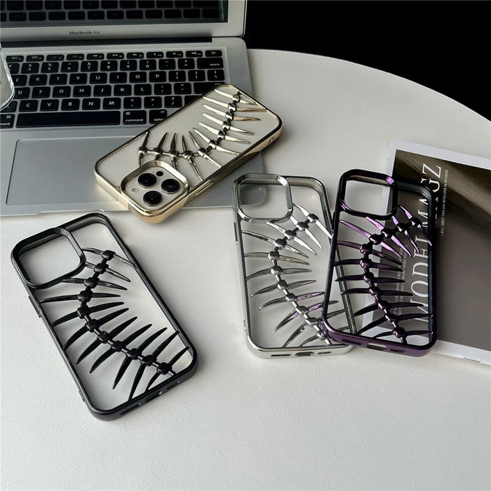 For iPhone 16 Pro Max Case Electroplated TPU Phone Shell Hollow Heat Dissipation Fish Bone Design - Black - 6