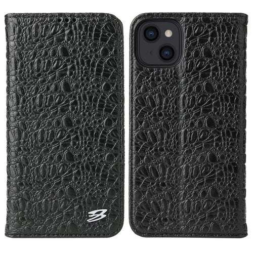 Auto-absorbed Magnetic Phone Case For iPhone 14, Drop-proof Top Layer Cowhide Leather Crocodile Texture Cell Phone Wallet Cover - Black - 1
