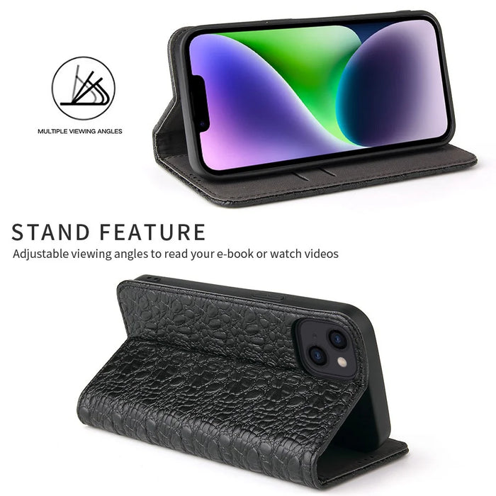 Auto-absorbed Magnetic Phone Case For iPhone 14, Drop-proof Top Layer Cowhide Leather Crocodile Texture Cell Phone Wallet Cover - Black - 2