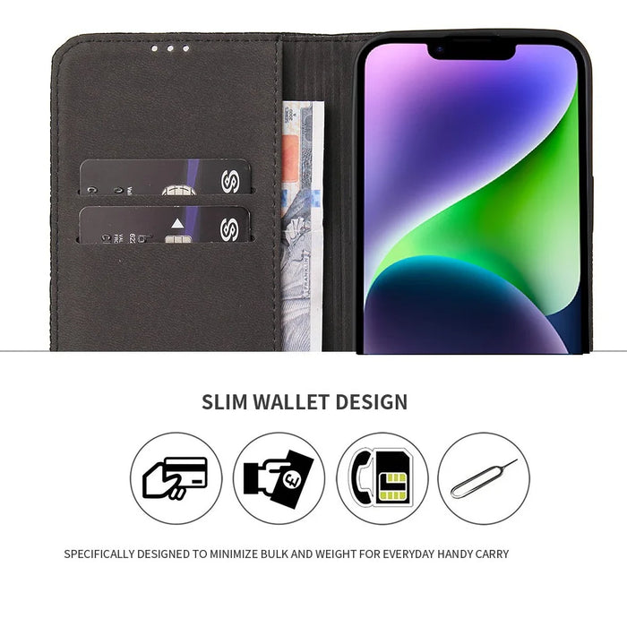 Auto-absorbed Magnetic Phone Case For iPhone 14, Drop-proof Top Layer Cowhide Leather Crocodile Texture Cell Phone Wallet Cover - Black - 3