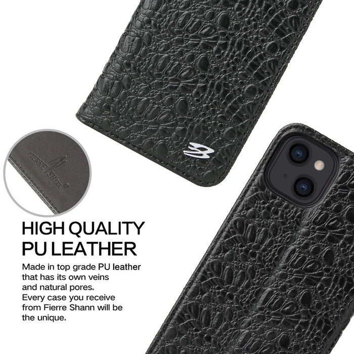 Auto-absorbed Magnetic Phone Case For iPhone 14, Drop-proof Top Layer Cowhide Leather Crocodile Texture Cell Phone Wallet Cover - Black - 6