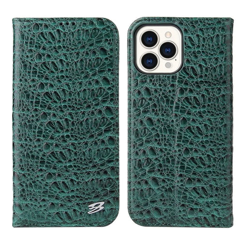 Anti-fall Phone Case For iPhone 14 Pro, Top Layer Cowhide Leather Crocodile Texture Cell Phone Wallet Cover with Foldable Stand - Green - 1