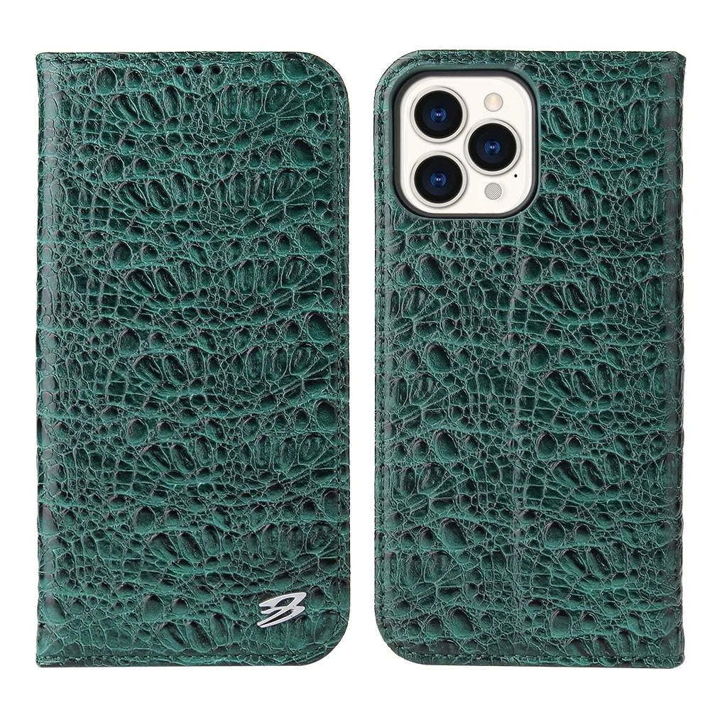 Anti-fall Phone Case For iPhone 14 Pro, Top Layer Cowhide Leather Crocodile Texture Cell Phone Wallet Cover with Foldable Stand - Green - 1