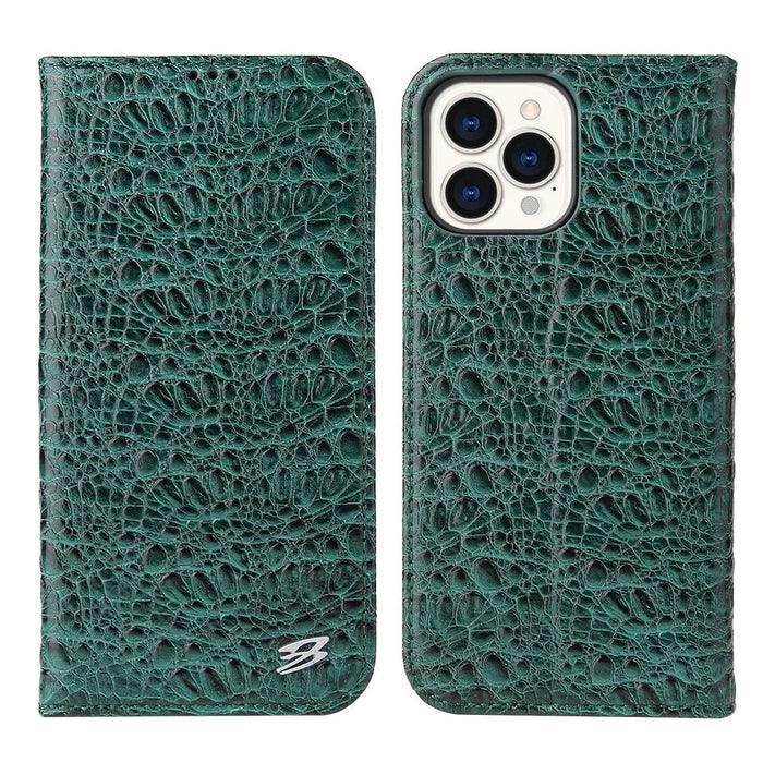 Anti-fall Phone Case For iPhone 14 Pro, Top Layer Cowhide Leather Crocodile Texture Cell Phone Wallet Cover with Foldable Stand - Green - 1