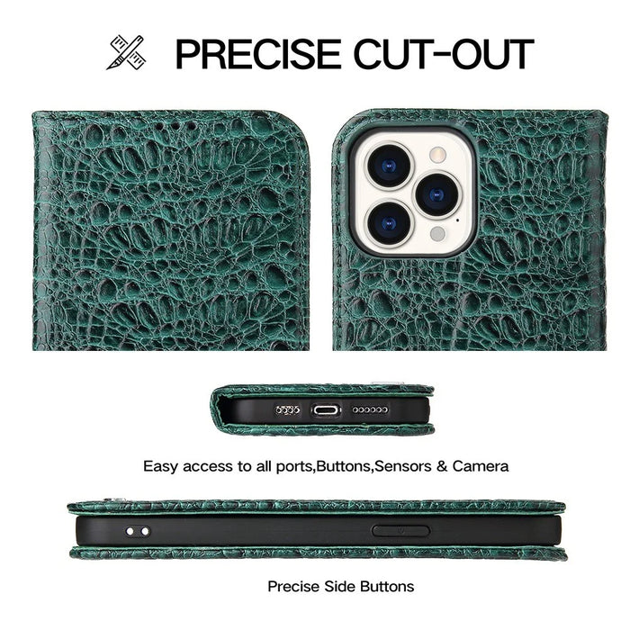 Anti-fall Phone Case For iPhone 14 Pro, Top Layer Cowhide Leather Crocodile Texture Cell Phone Wallet Cover with Foldable Stand - Green - 4