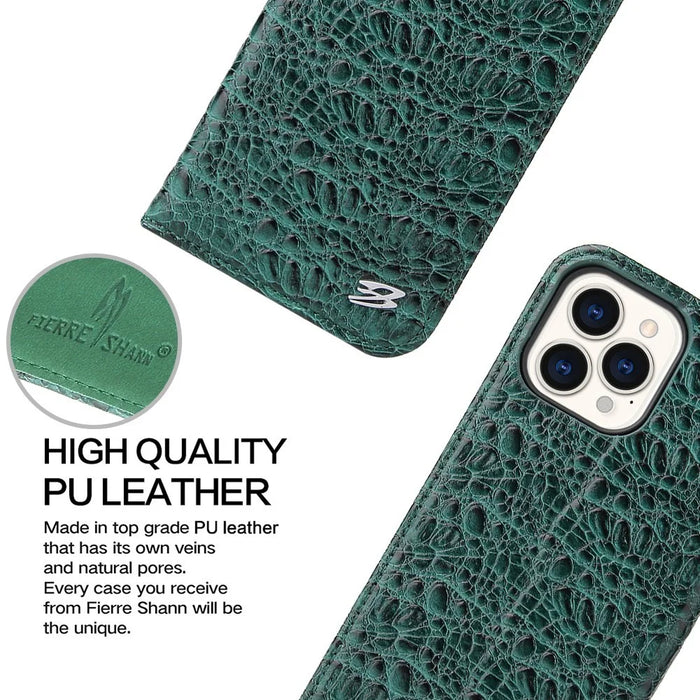 Anti-fall Phone Case For iPhone 14 Pro, Top Layer Cowhide Leather Crocodile Texture Cell Phone Wallet Cover with Foldable Stand - Green - 6