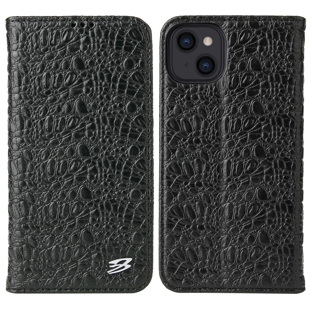 For iPhone 14 Plus Auto-absorbed Magnetic Phone Case Wallet Stand Anti-scratch Top Layer Cowhide Leather Crocodile Texture Cell Phone Cover - Black - 1