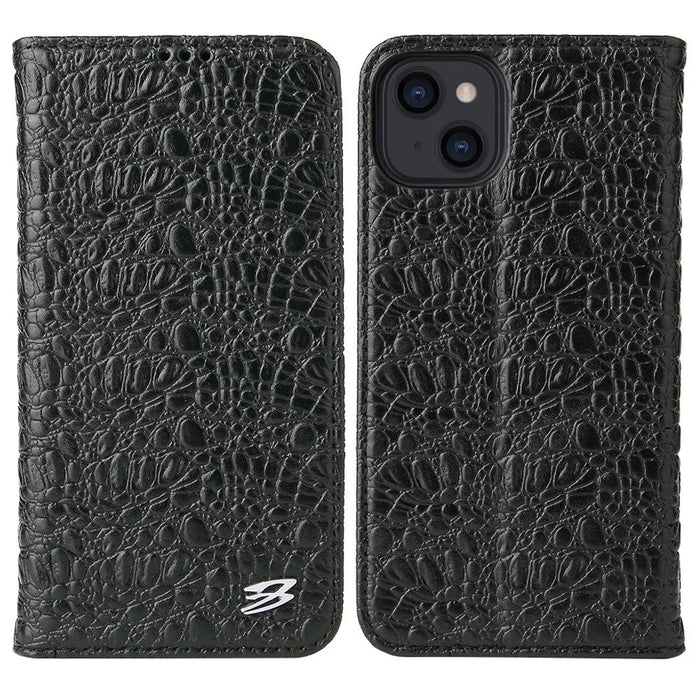 For iPhone 14 Plus Auto-absorbed Magnetic Phone Case Wallet Stand Anti-scratch Top Layer Cowhide Leather Crocodile Texture Cell Phone Cover - Black - 1