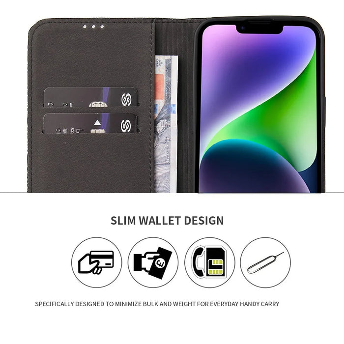 For iPhone 14 Plus Auto-absorbed Magnetic Phone Case Wallet Stand Anti-scratch Top Layer Cowhide Leather Crocodile Texture Cell Phone Cover - Black - 3