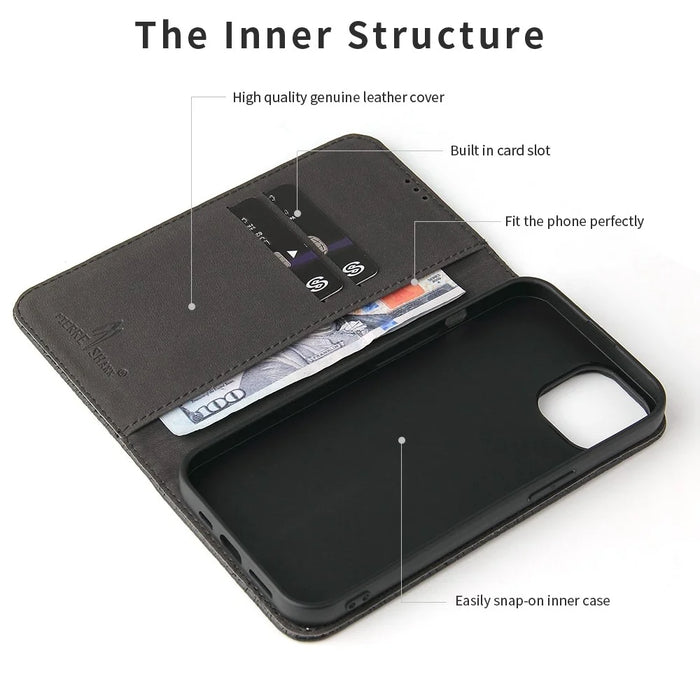 For iPhone 14 Plus Auto-absorbed Magnetic Phone Case Wallet Stand Anti-scratch Top Layer Cowhide Leather Crocodile Texture Cell Phone Cover - Black - 5