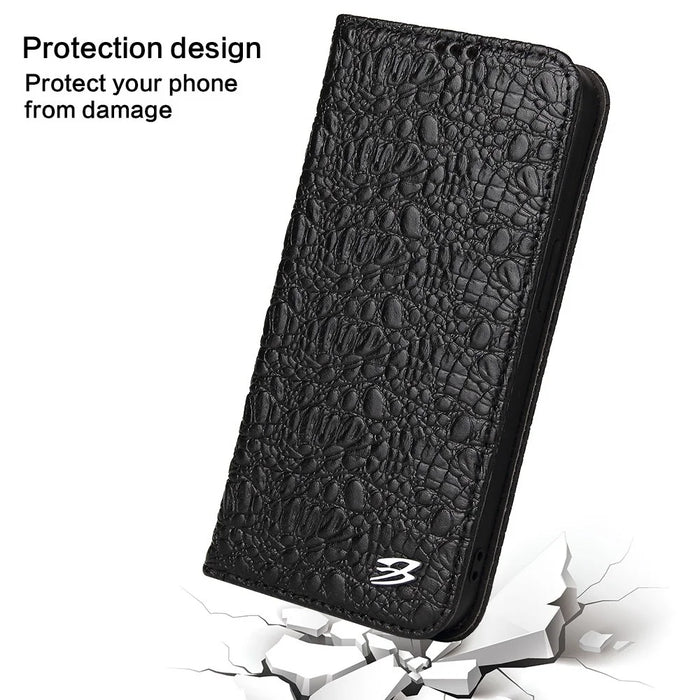 For iPhone 14 Plus Auto-absorbed Magnetic Phone Case Wallet Stand Anti-scratch Top Layer Cowhide Leather Crocodile Texture Cell Phone Cover - Black - 7
