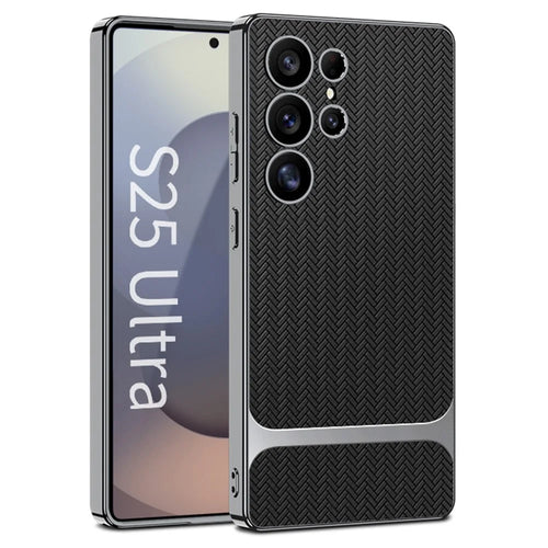 GKK For Samsung Galaxy S25 Ultra Case Woven Pattern Electroplating TPU + PC + PU Phone Back Cover - Black - 1