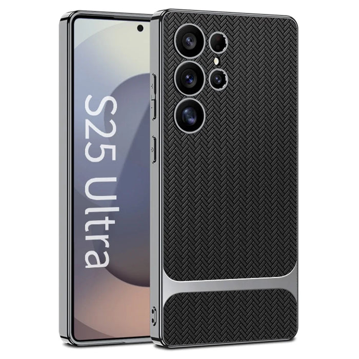 GKK For Samsung Galaxy S25 Ultra Case Woven Pattern Electroplating TPU + PC + PU Phone Back Cover - Black - 1