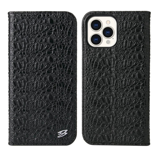 Protective Phone Case For iPhone 14 Pro Max Wallet Stand Auto-absorbed Magnetic Top Layer Cowhide Leather Crocodile Texture Cell Phone Cover - Black - 1