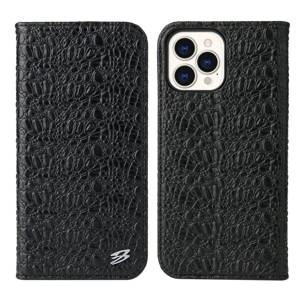 Protective Phone Case For iPhone 14 Pro Max Wallet Stand Auto-absorbed Magnetic Top Layer Cowhide Leather Crocodile Texture Cell Phone Cover - Black - 1