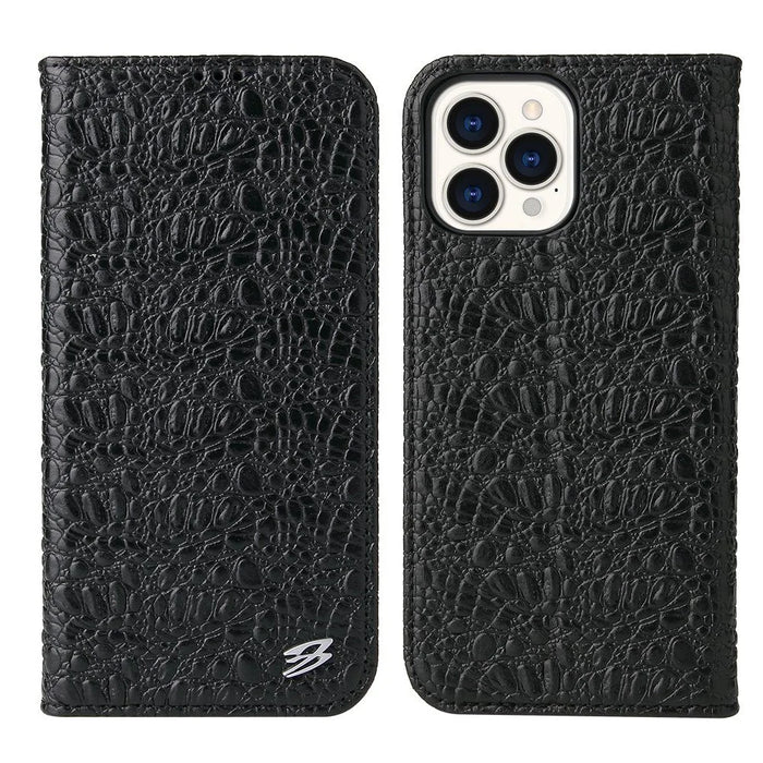 Protective Phone Case For iPhone 14 Pro Max Wallet Stand Auto-absorbed Magnetic Top Layer Cowhide Leather Crocodile Texture Cell Phone Cover - Black - 1
