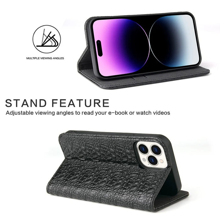 Protective Phone Case For iPhone 14 Pro Max Wallet Stand Auto-absorbed Magnetic Top Layer Cowhide Leather Crocodile Texture Cell Phone Cover - Black - 2