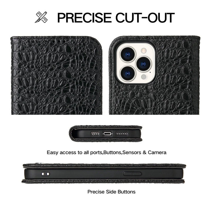 Protective Phone Case For iPhone 14 Pro Max Wallet Stand Auto-absorbed Magnetic Top Layer Cowhide Leather Crocodile Texture Cell Phone Cover - Black - 4