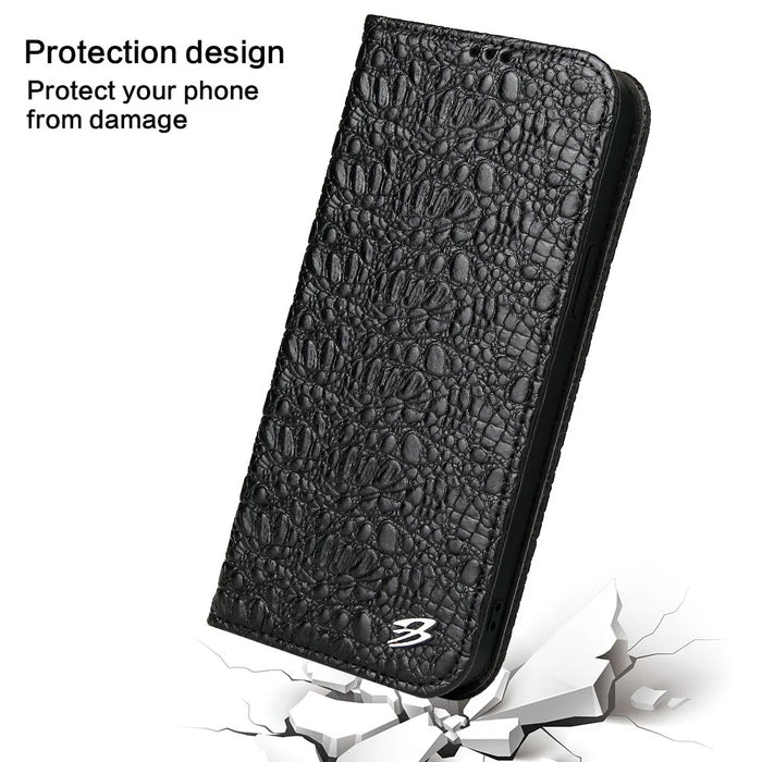 Protective Phone Case For iPhone 14 Pro Max Wallet Stand Auto-absorbed Magnetic Top Layer Cowhide Leather Crocodile Texture Cell Phone Cover - Black - 5
