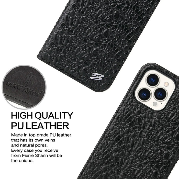 Protective Phone Case For iPhone 14 Pro Max Wallet Stand Auto-absorbed Magnetic Top Layer Cowhide Leather Crocodile Texture Cell Phone Cover - Black - 6