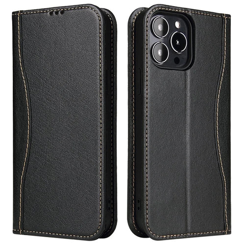 FIERRE SHANN Phone Case for iPhone 14 Pro, Top Layer Cowhide Leather Wallet Stand Shockproof Cell Phone Cover - Black - 1