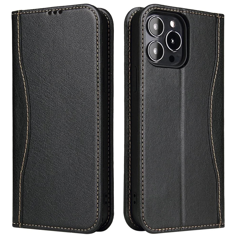 FIERRE SHANN Phone Case for iPhone 14 Pro, Top Layer Cowhide Leather Wallet Stand Shockproof Cell Phone Cover - Black - 1