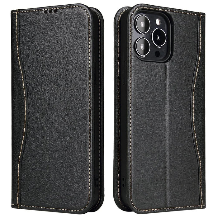 FIERRE SHANN Phone Case for iPhone 14 Pro, Top Layer Cowhide Leather Wallet Stand Shockproof Cell Phone Cover - Black - 1