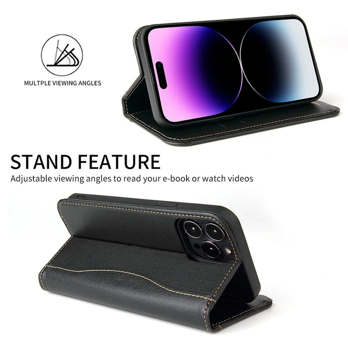 FIERRE SHANN Phone Case for iPhone 14 Pro, Top Layer Cowhide Leather Wallet Stand Shockproof Cell Phone Cover - Black - 2