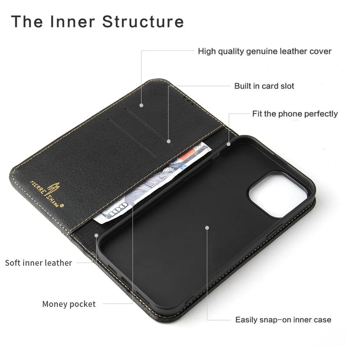 FIERRE SHANN Phone Case for iPhone 14 Pro, Top Layer Cowhide Leather Wallet Stand Shockproof Cell Phone Cover - Black - 3