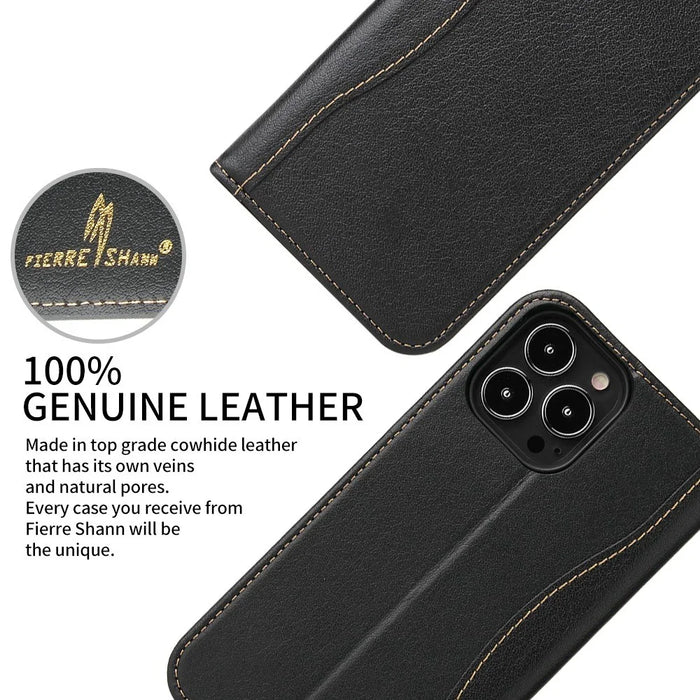 FIERRE SHANN Phone Case for iPhone 14 Pro, Top Layer Cowhide Leather Wallet Stand Shockproof Cell Phone Cover - Black - 5