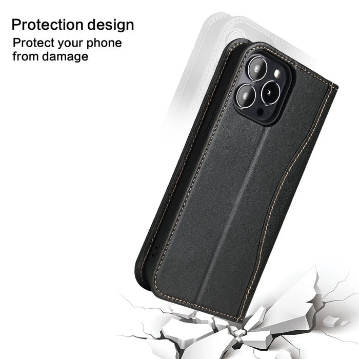 FIERRE SHANN Phone Case for iPhone 14 Pro, Top Layer Cowhide Leather Wallet Stand Shockproof Cell Phone Cover - Black - 6