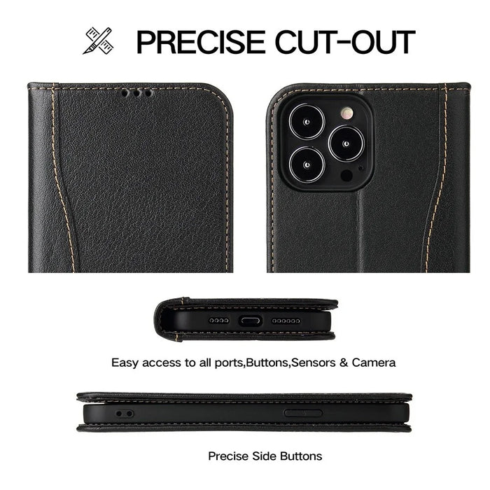 FIERRE SHANN Phone Case for iPhone 14 Pro, Top Layer Cowhide Leather Wallet Stand Shockproof Cell Phone Cover - Black - 7
