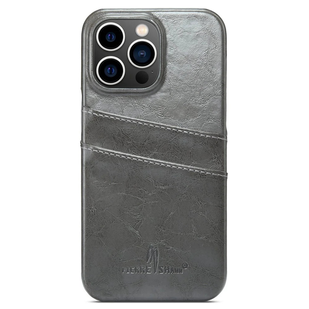 FIERRE SHANN For iPhone 14 Pro Waxy PU Leather Coated Hard PC Phone Case Card Holder Back Cover - Grey - 1