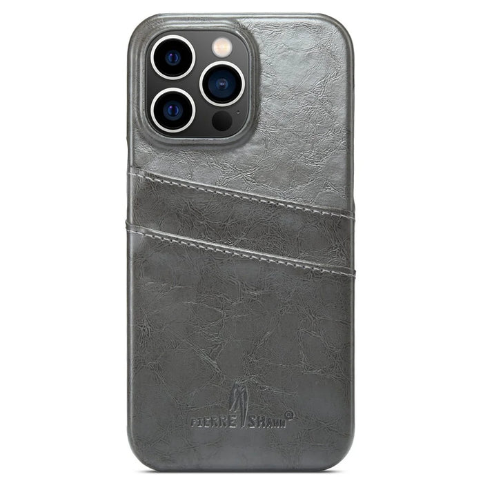 FIERRE SHANN For iPhone 14 Pro Waxy PU Leather Coated Hard PC Phone Case Card Holder Back Cover - Grey - 1