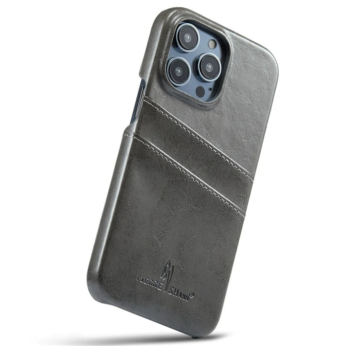 FIERRE SHANN For iPhone 14 Pro Waxy PU Leather Coated Hard PC Phone Case Card Holder Back Cover - Grey - 3