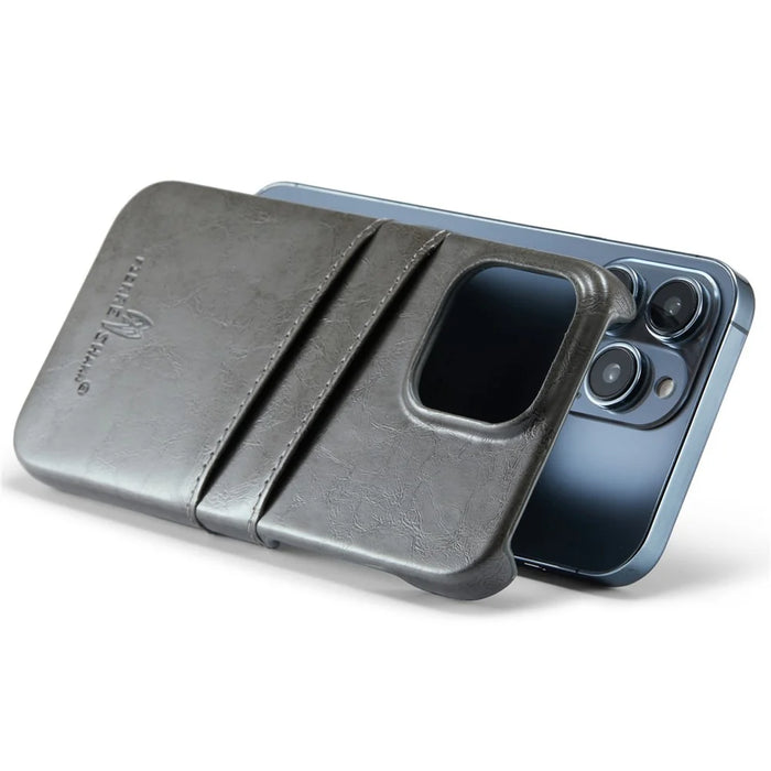 FIERRE SHANN For iPhone 14 Pro Waxy PU Leather Coated Hard PC Phone Case Card Holder Back Cover - Grey - 4