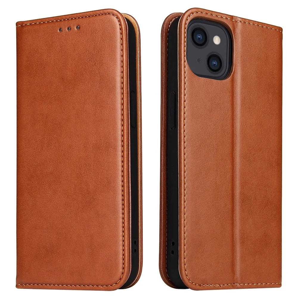 FIERRE SHANN Drop-proof Phone Cover for iPhone 14, Auto-absorbed Magnetic Closure PU Leather Phone Wallet Case - Brown - 1