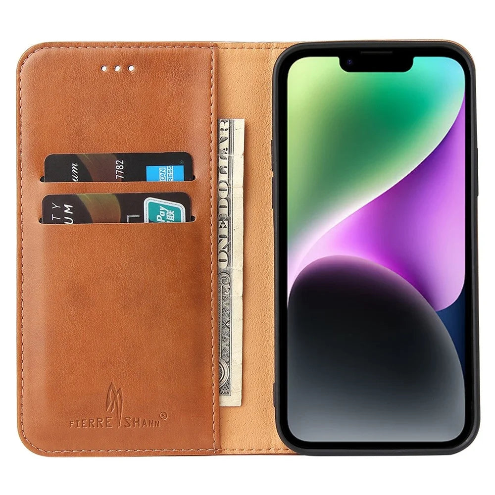 FIERRE SHANN Drop-proof Phone Cover for iPhone 14, Auto-absorbed Magnetic Closure PU Leather Phone Wallet Case - Brown - 2