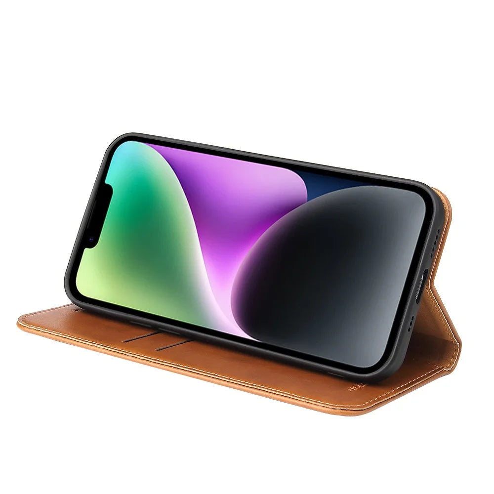 FIERRE SHANN Drop-proof Phone Cover for iPhone 14, Auto-absorbed Magnetic Closure PU Leather Phone Wallet Case - Brown - 3