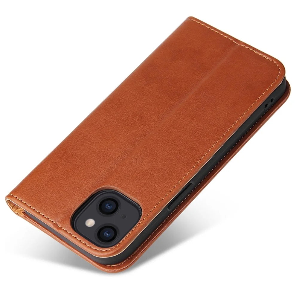 FIERRE SHANN Drop-proof Phone Cover for iPhone 14, Auto-absorbed Magnetic Closure PU Leather Phone Wallet Case - Brown - 4