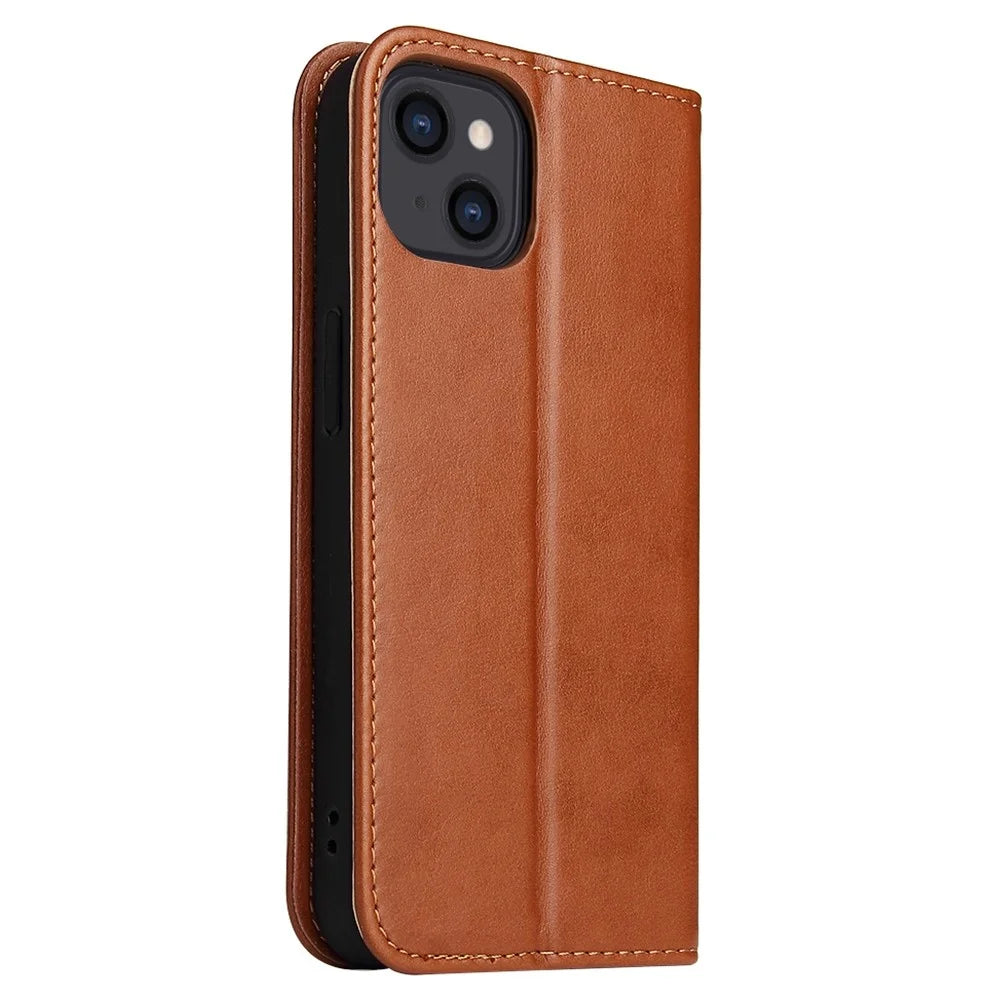 FIERRE SHANN Drop-proof Phone Cover for iPhone 14, Auto-absorbed Magnetic Closure PU Leather Phone Wallet Case - Brown - 6