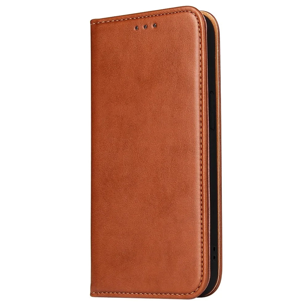 FIERRE SHANN Drop-proof Phone Cover for iPhone 14, Auto-absorbed Magnetic Closure PU Leather Phone Wallet Case - Brown - 7