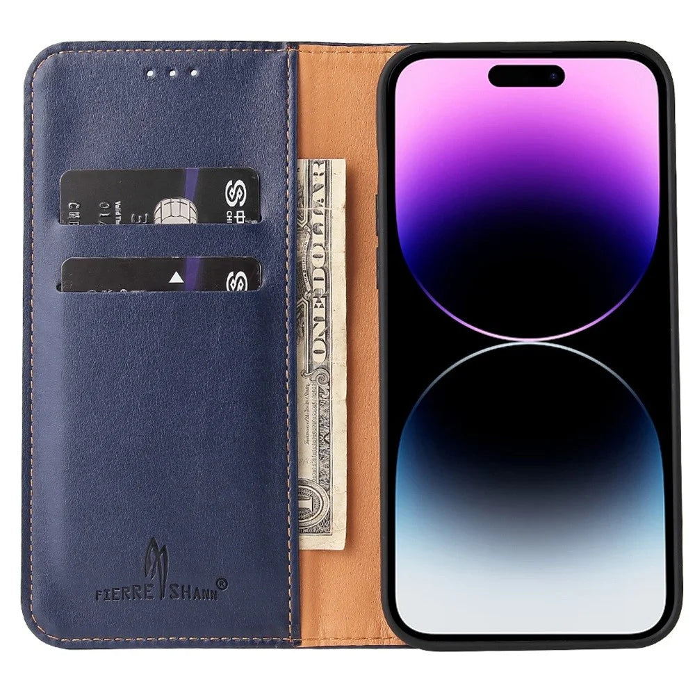 FIERRE SHANN Full Protection Phone Cover for iPhone 14 Pro, Magnetic Closure PU Leather Anti-scratch Phone Wallet Case - Blue - 2