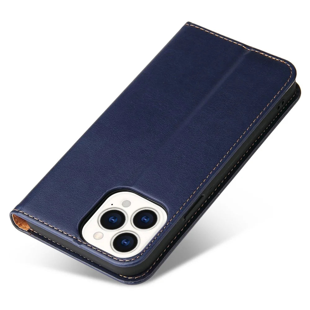 FIERRE SHANN Full Protection Phone Cover for iPhone 14 Pro, Magnetic Closure PU Leather Anti-scratch Phone Wallet Case - Blue - 5