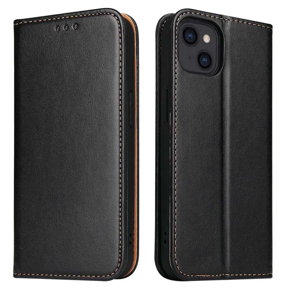 FIERRE SHANN for iPhone 14 Plus Anti-fall Phone Case Stand Auto-absorbed Magnetic Closure PU Leather Protective Phone Wallet Cover - Black - 1