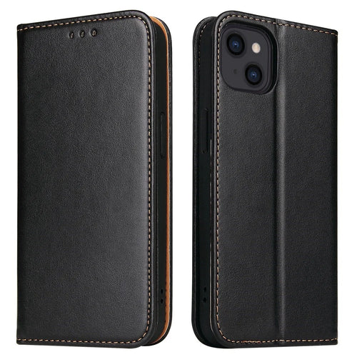 FIERRE SHANN for iPhone 14 Plus Anti-fall Phone Case Stand Auto-absorbed Magnetic Closure PU Leather Protective Phone Wallet Cover - Black - 1