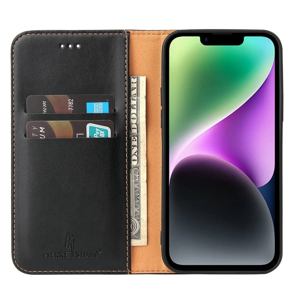 FIERRE SHANN for iPhone 14 Plus Anti-fall Phone Case Stand Auto-absorbed Magnetic Closure PU Leather Protective Phone Wallet Cover - Black - 2